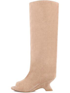 Women's Nude Suede Open Toe Knee High Boots Slouchy Pull On Peep Toe Dress
